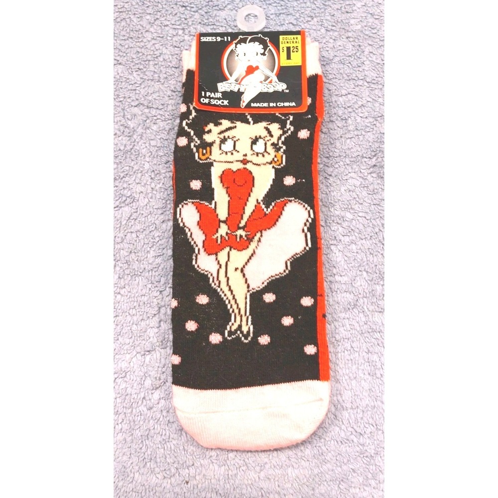 Betty Boop One Pair Novelty Bootie Socks Adult Size 9-11 Pink Black Dot New